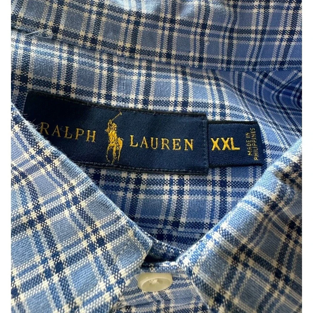 Ralph Lauren Blue White Plaid Long‎ Sleeve Button Down Shirt Cotton Mens XXL